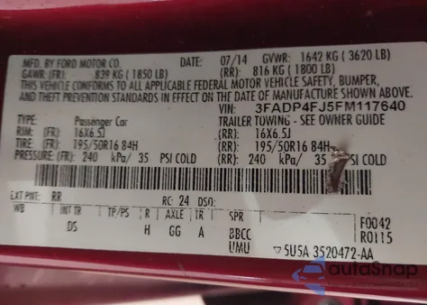 2015 Ford Fiesta Titanium z USA, uszkodzony, nr VIN 3FADP4FJ5FM117640